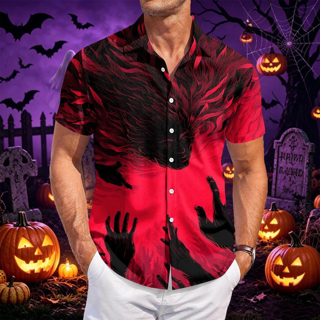 Men's Casual Short Sleeve Shirt Halloween Print Button Down Shirt Lightweight Breathable Fabric Relaxed Fit Shirt for Everyday Wear