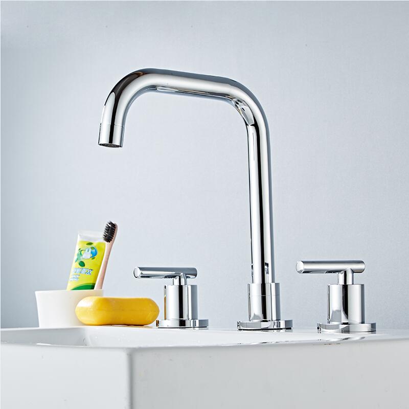 Basin Faucets Brass Polished Chrome Deck Mounted Round Bathroom Sink Faucets 3 Hole Double Handle Hot And Cold Water Tap BR-711