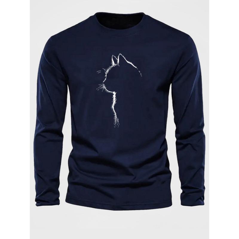 Men's 100% pure cotton loose and comfortable sports and leisure cat pattern printed round neck long sleeved T-shirt top
