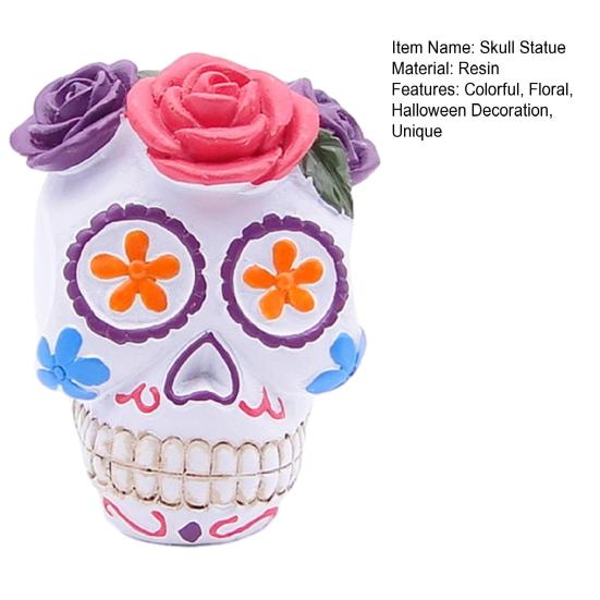 Day of The Dead Floral Skull Statue Colorful Flower Patterned Human Head Bone Model Resin Sugar Skull Figurine for Halloween Home Tabletop Decor