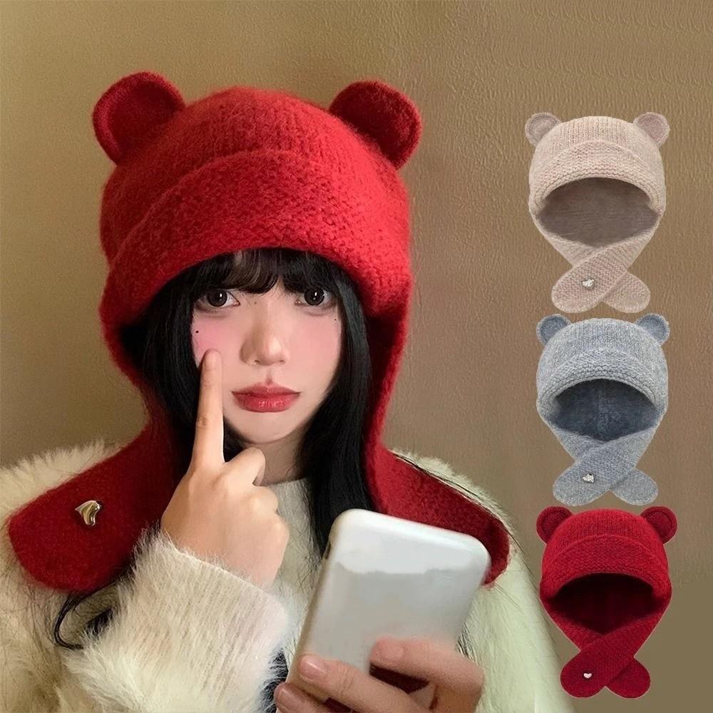 Y2k Warm Beanie Hats Cute Ear Protection Cap Korean Bear Ear Knitted Cap  Girls