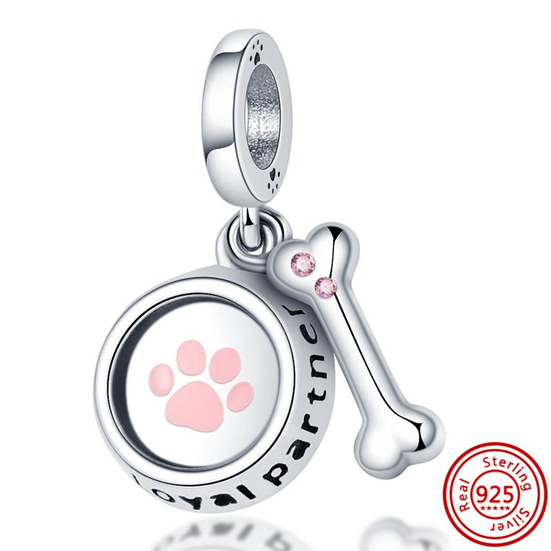 925 Sterling copper Cute Animals Dog Paw Print Pendant Love Heart Beads Fit Original Pantaro Charms Bracelet DIY Zircon Making