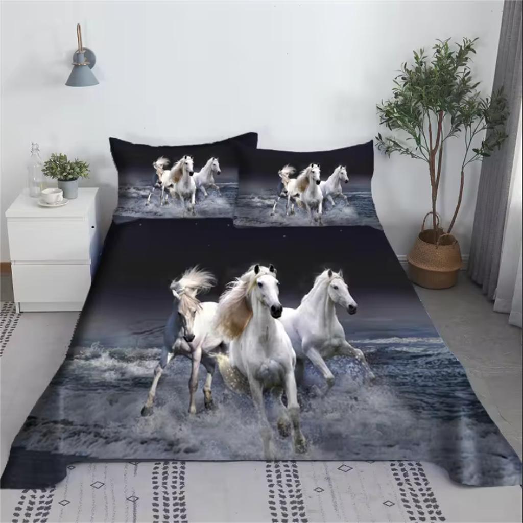 Ensemble de draps Tigre ou Cheval Impression numérique Polyester Drap plat de lit avec taie d'oreiller Literie imprimée