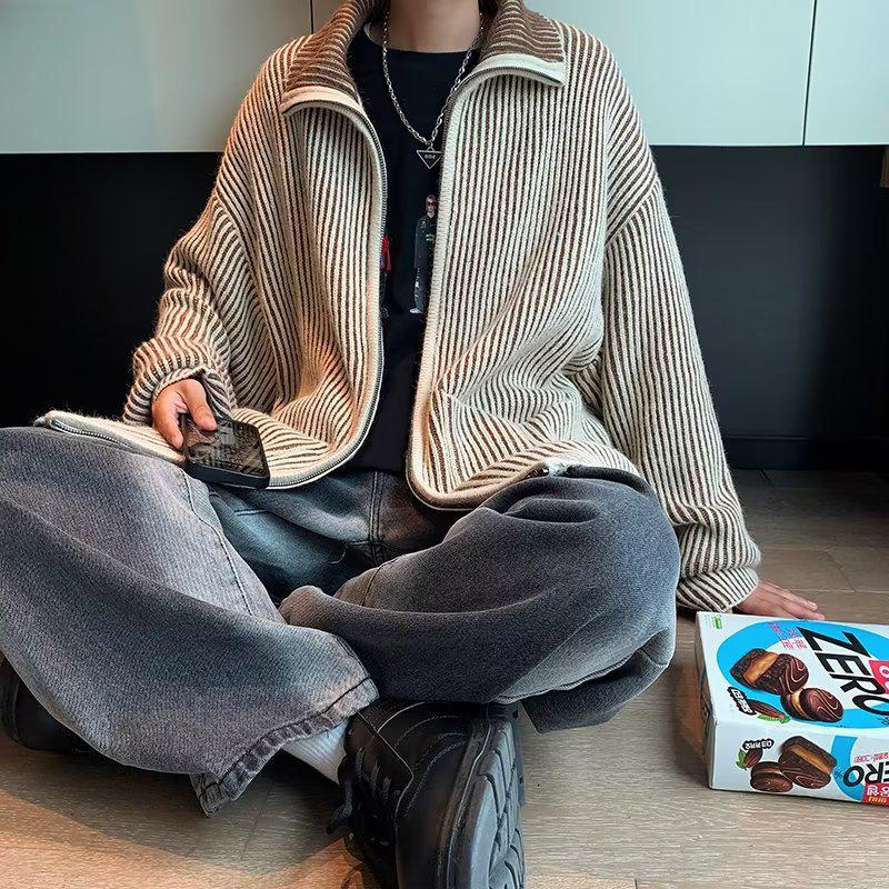 Pánský retro pletený kardiganový svetr s vysokým límcem na zip, barevný blok