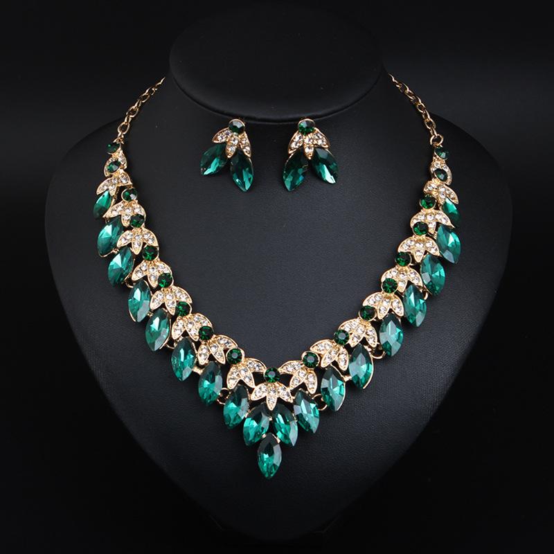 Shining Temperament Crystal Gemstone Necklace Earrings Set Dress Wedding Dinner Women'S Jewelry