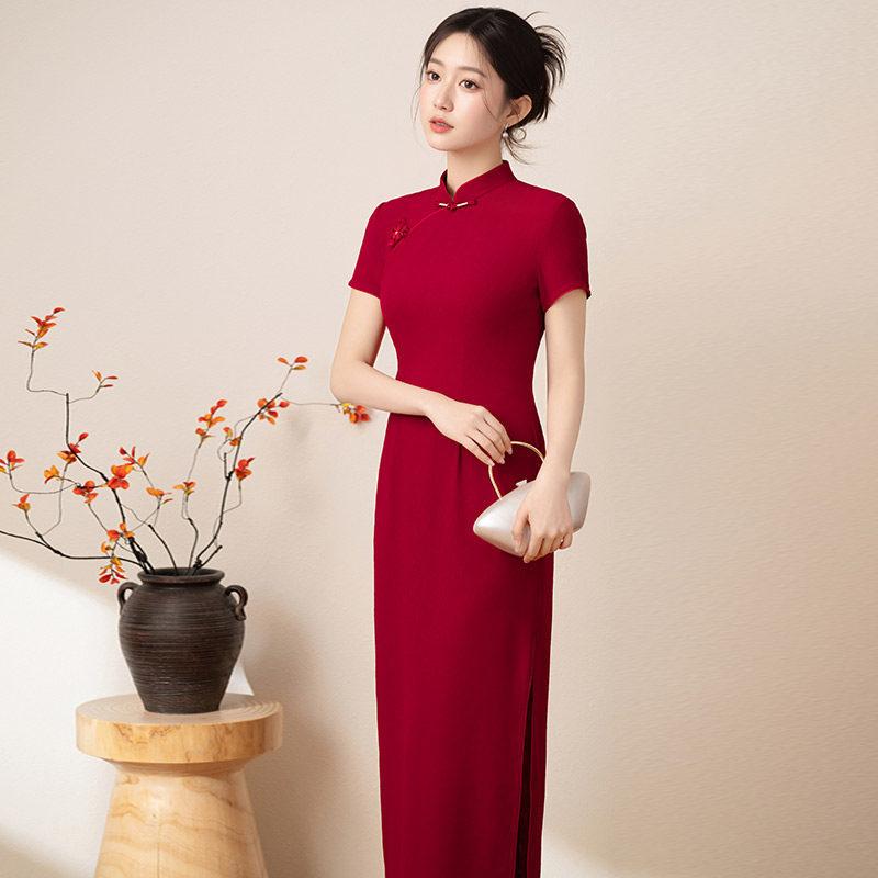 Red National Style New Chinese Long Improved Cheongsam Women's High-end Bridal Toasting Dress Summer
