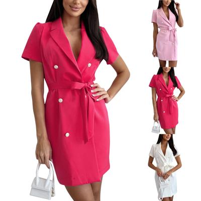 Women's V-neck Slim Fit Short Sleeved Double Breasted Suit Dress