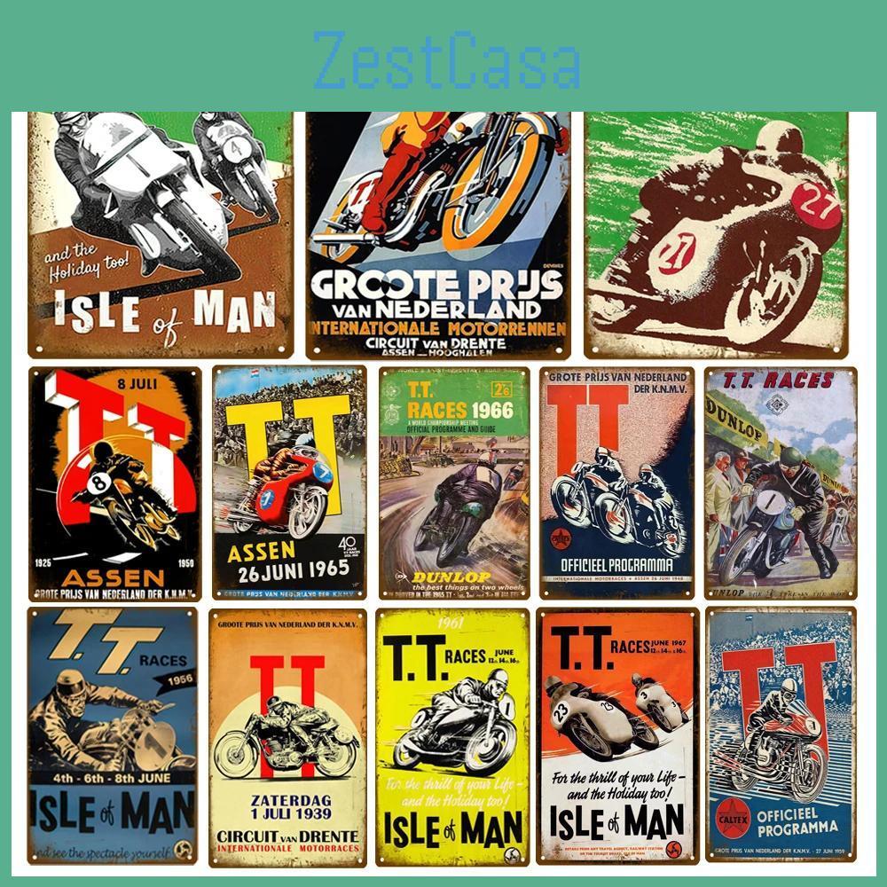 Tt Of Races Poster Vintage Isle of Man Segno di Latta Competizione Motociclistica da Corsa Retrò Placca in Metallo Arrugginito Shabby Decorazione per la Casa