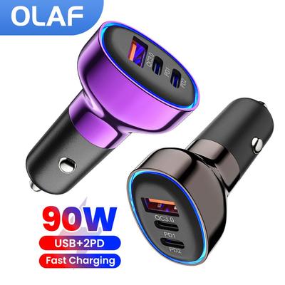 90W Car Charger 3Ports USB Type C Fast Charging Charger Adapter QC3.0 Mobile Phone Car Phone Charger  For iPhone Samsung Huawei