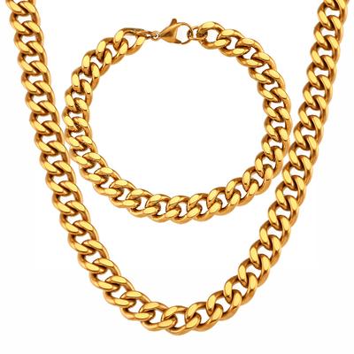 Gold Color Stainless Steel 9mm Thick Cuban Link Chain Bracelets Necklace For Women Men  Party Wedding Jewelry Sets Gift
