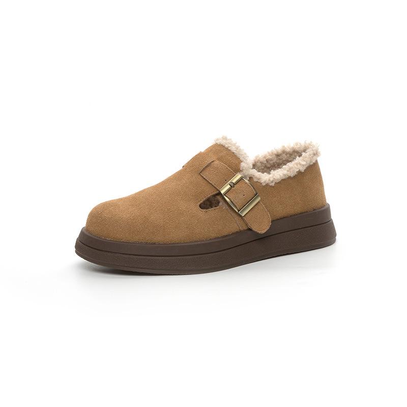 Buckle Women's Autumn and Winter Fur Integrated Cotton Shoes Thick Sole Heightening Round Head Retro Matte