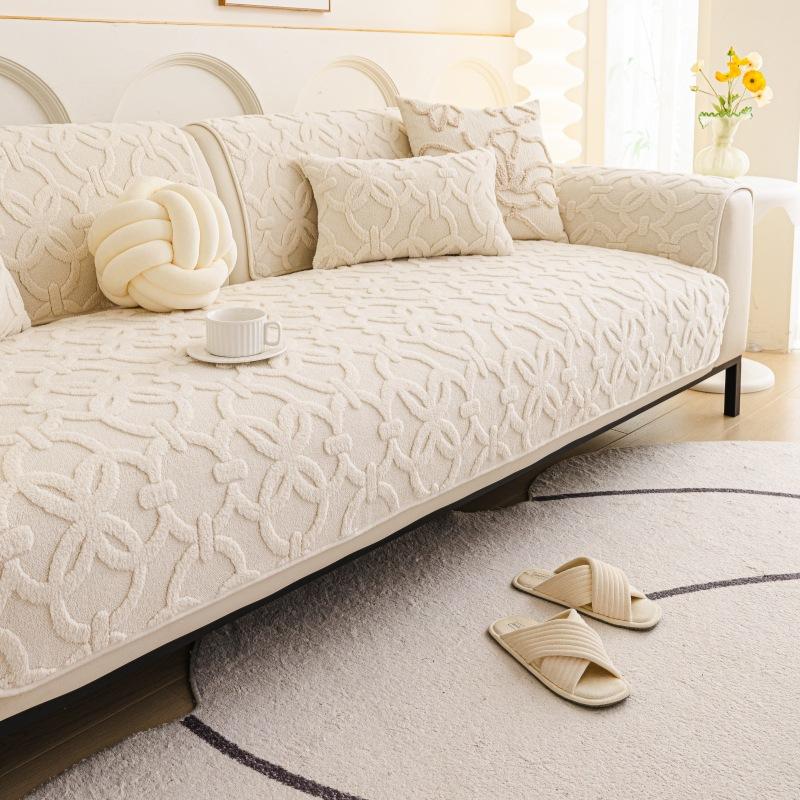 New Cream Style Thick Sofa Cover Fabric Anti Slip and Warm Straight Row Sofa Cushion Modern and Simple Style Autumn and Winter