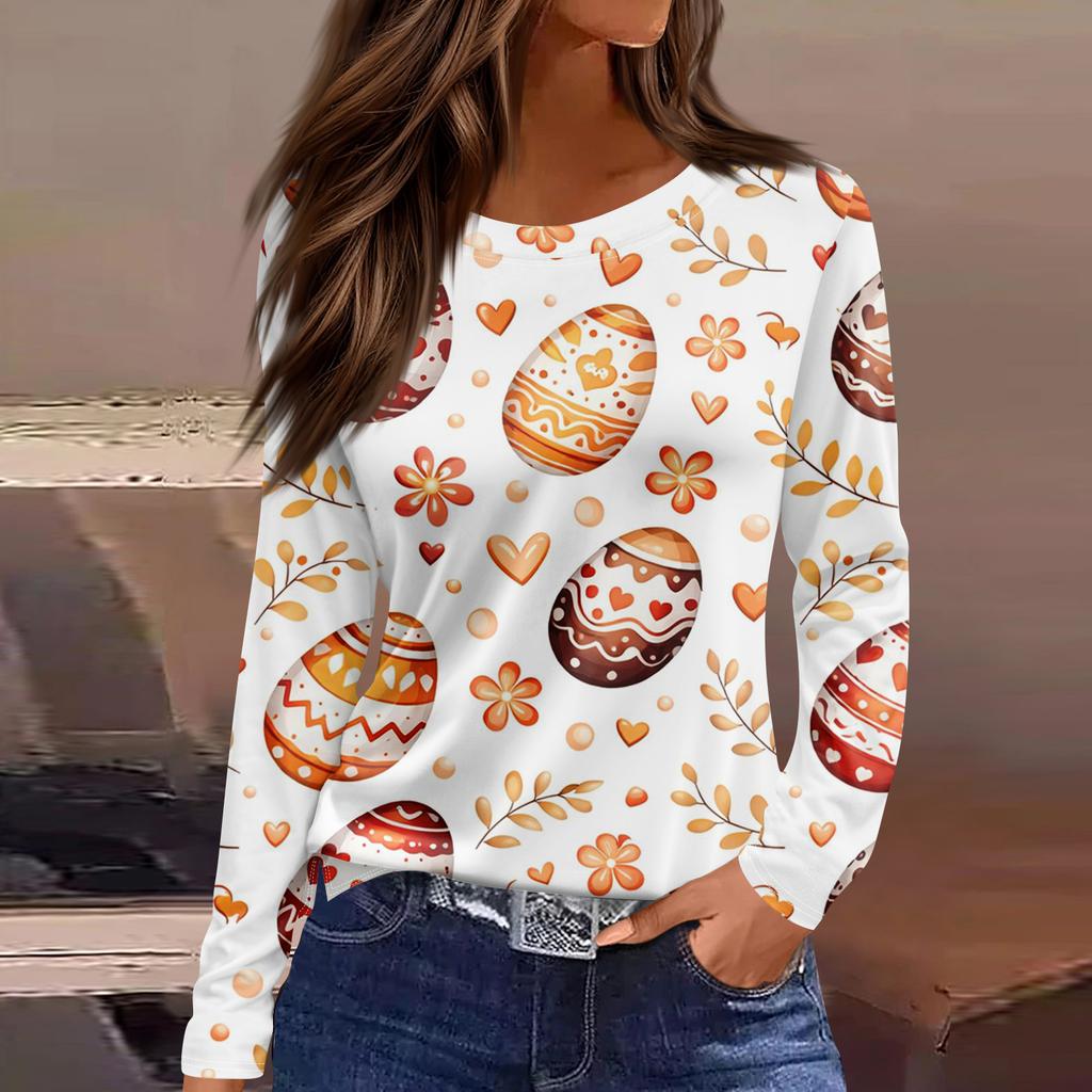 Women's Fashion Casual Slit Hem Round Neck Long Sleeve Loose Printed T-Shirt Ladies Top