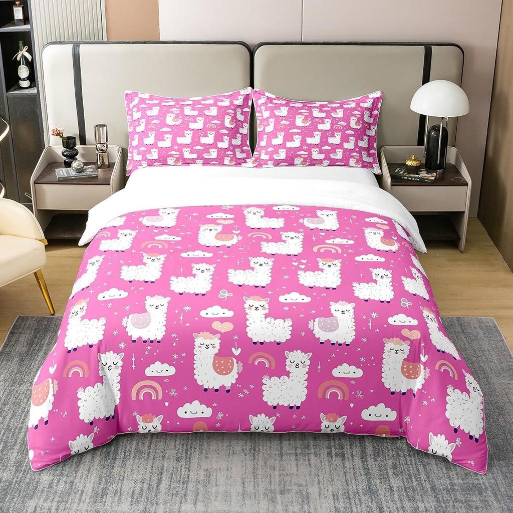 Alpacka Påslakan Queen King Size Tecknad Alpacka Sängkläder Set Lämpligt för Barn Tonårsflickor Sött Djurtryck Täckeöverdrag 3 Delar