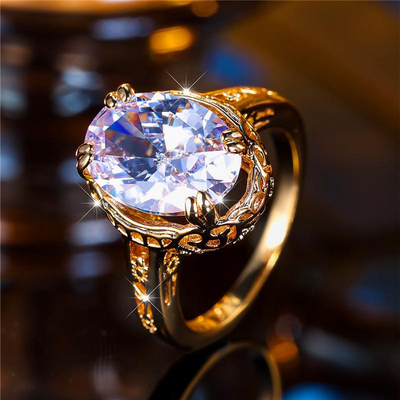 Luxury Male Female White Zircon Stone Ring Trendy Yellow Gold Color Engagement Cute Bride Wedding Jewelry Gift For Women Men