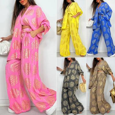 Women Oversized Print Shirt Pants Sets Lapel Long Sleeves Top High Elastic Waist Wide-leg Pant Suit Female Two Piece Set Outfits