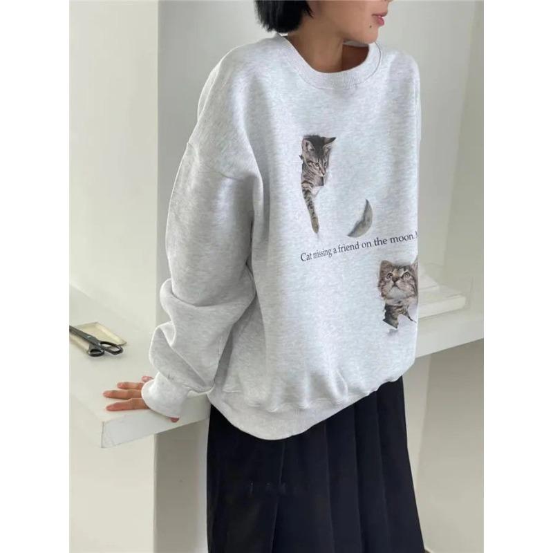 Cat Printed Round Neck Women's Hoodie Long Sleeved Loose Fitting Woman Pullover Autumn New Fashionable Versatile Top