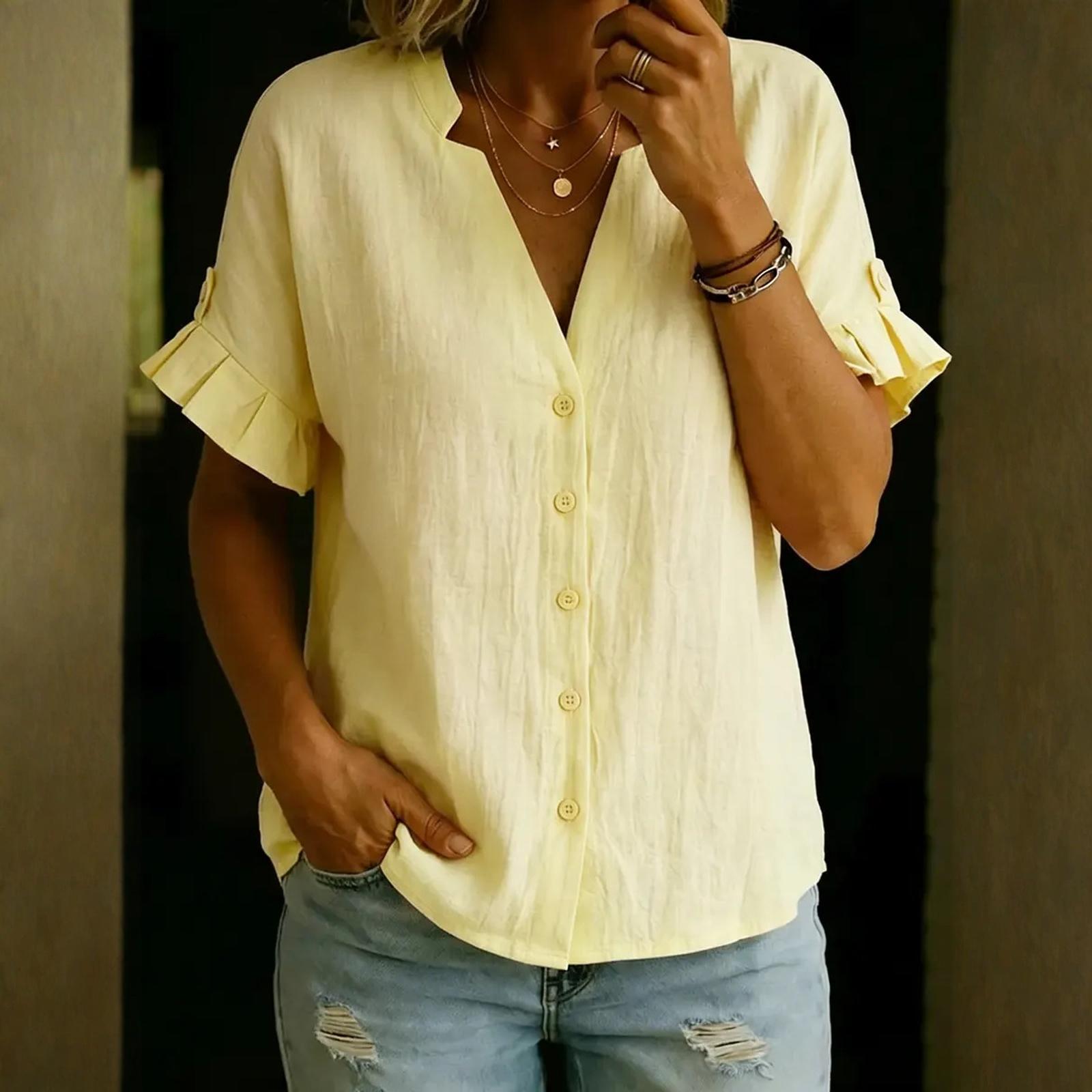 

Women s Fashion Color Casual Stand Collar Ruffled Sleeve Short-Sleeved Top XXL жовтий