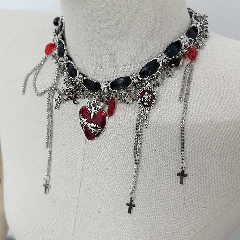 Tooxika New Niche Unique Personality Multi-element Cardinal Heart Cross Tassel Necklace Dark Wind Spicy Girl Collarbone Chain