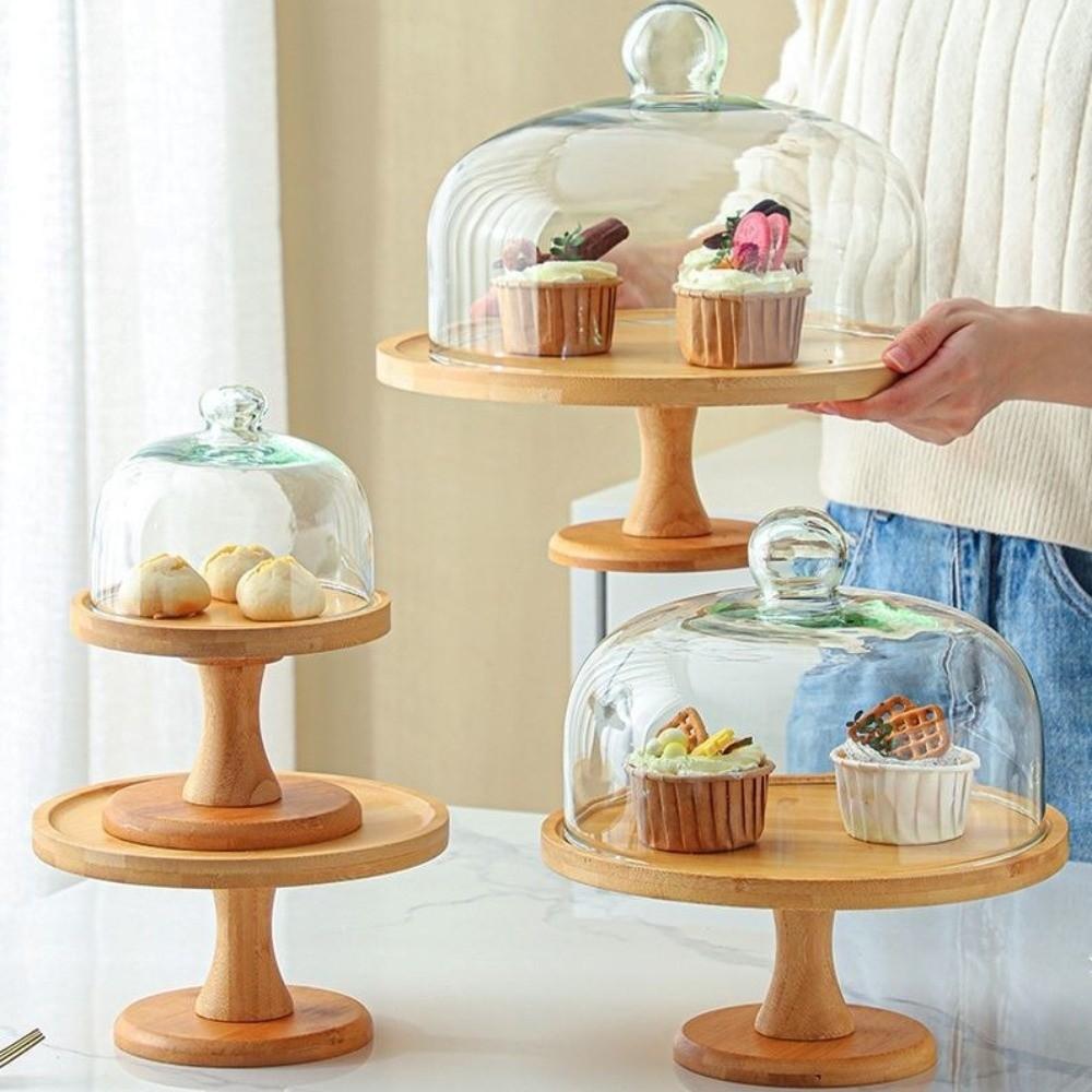 Vintage High Foot Cake Plate Glass Cover Cake Display Stand Wooden Cake Stand  Dessert Table