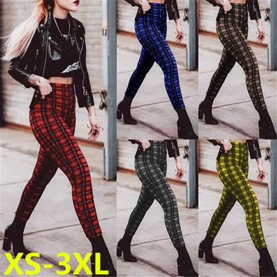 Modische, hoch taillierte, schmal geschnittene, karierte Freizeit-Leggings für Damen, dehnbare Fußhose