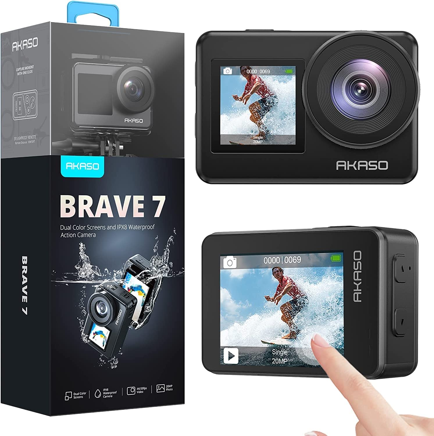 

AKASO Brave7 Action Camera 4K 20MP Wearable Camera Touch Panel Type Image Stabilization Sports Camera IPX8 Body 10M Waterproof Underwater Camera WiFi