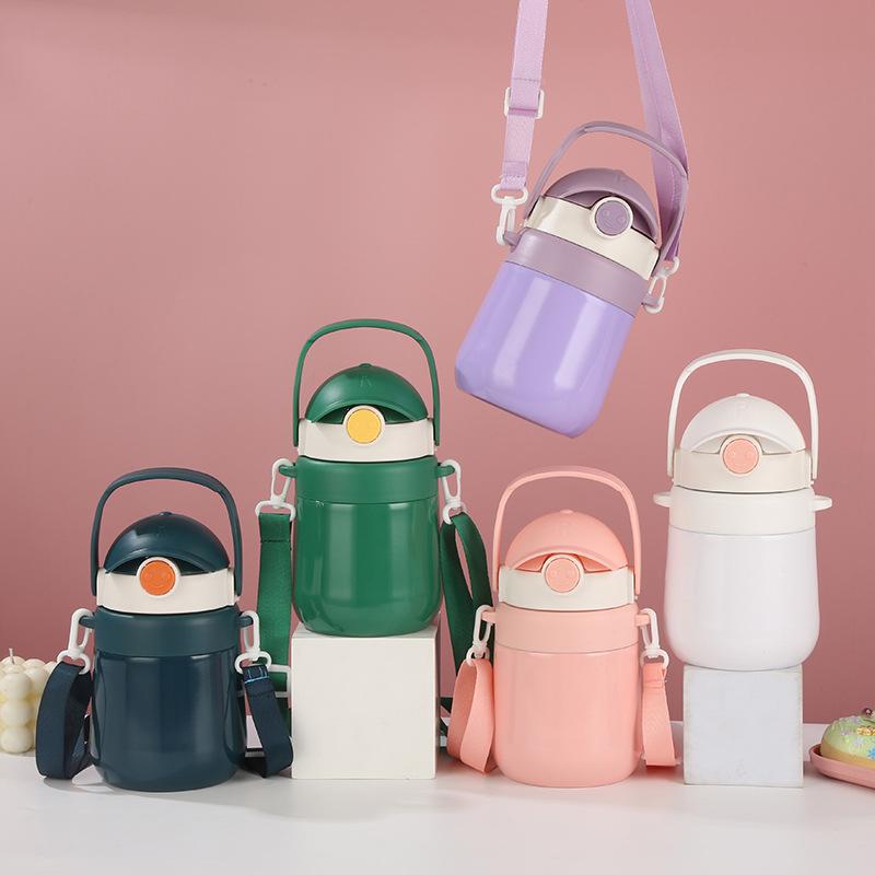 Water Bottle Children's Thermos Cup Stainless Steel Kettle Big Belly Cup with Strap Sports Fitness Cup Large Capacity Large Size