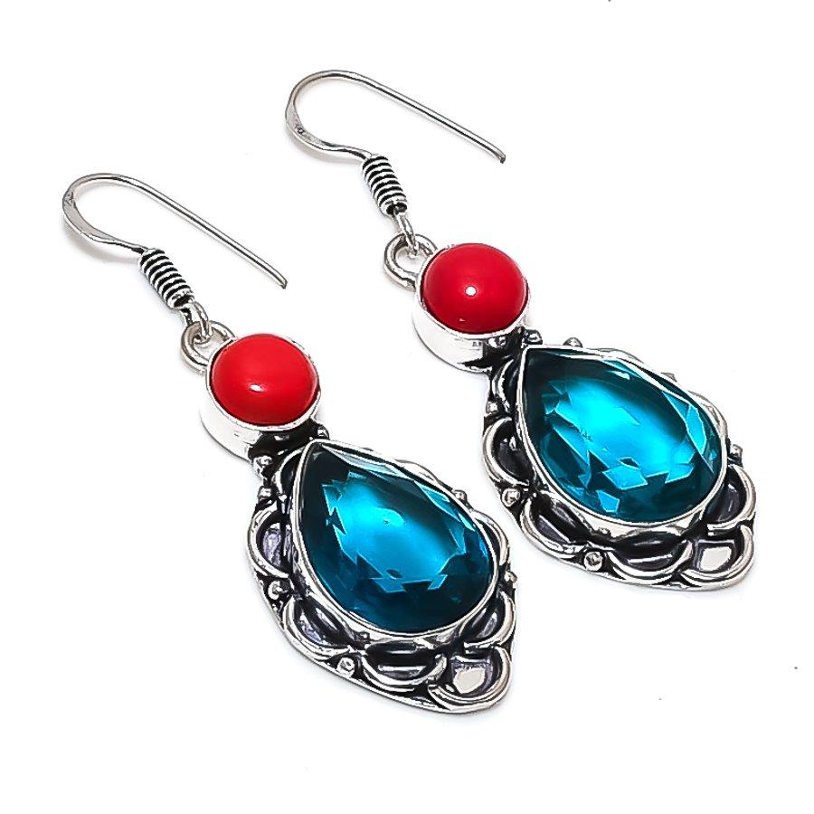 

Natural Indicolite Tourmaline, Coral 925 Sterling Silver Earring 2.17 t7o39