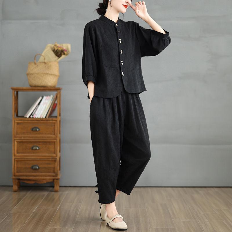 

Льняной костюм в китайском стиле, женская летняя свободная модная рубашка + брюки-шаровары, костюм из двух частей XXL чёрный