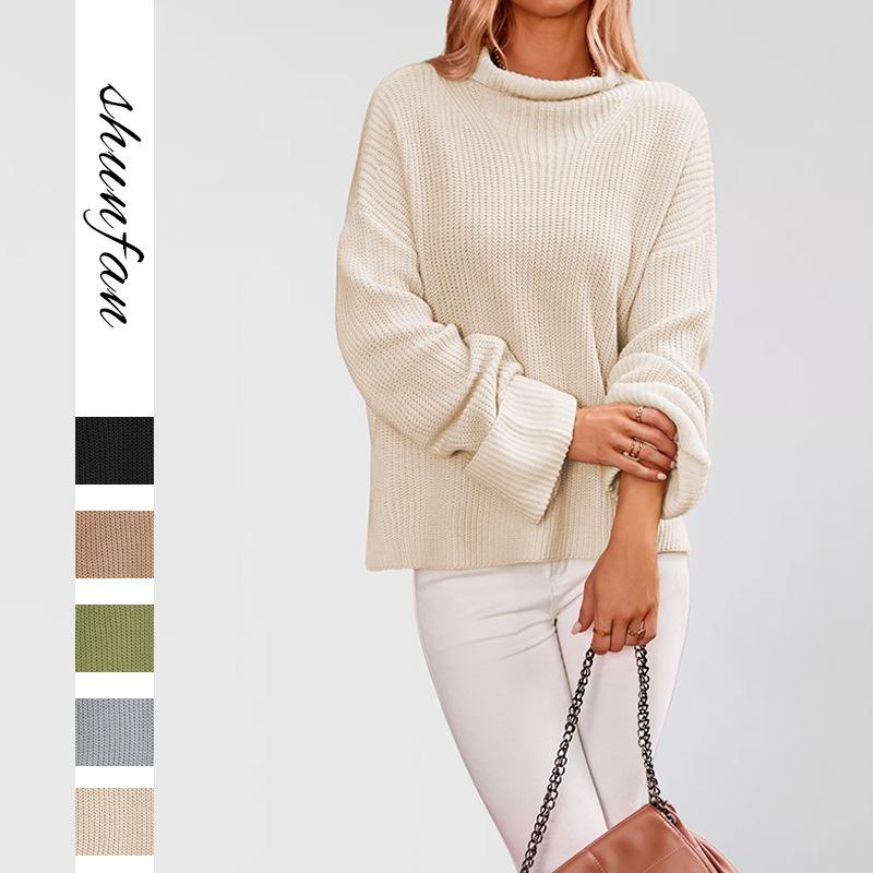 New Autumn and Winter Temu Hot Sale Solid Color Flared Sleeve Pullover Crew Neck Sweater Women's Knitted Sweater