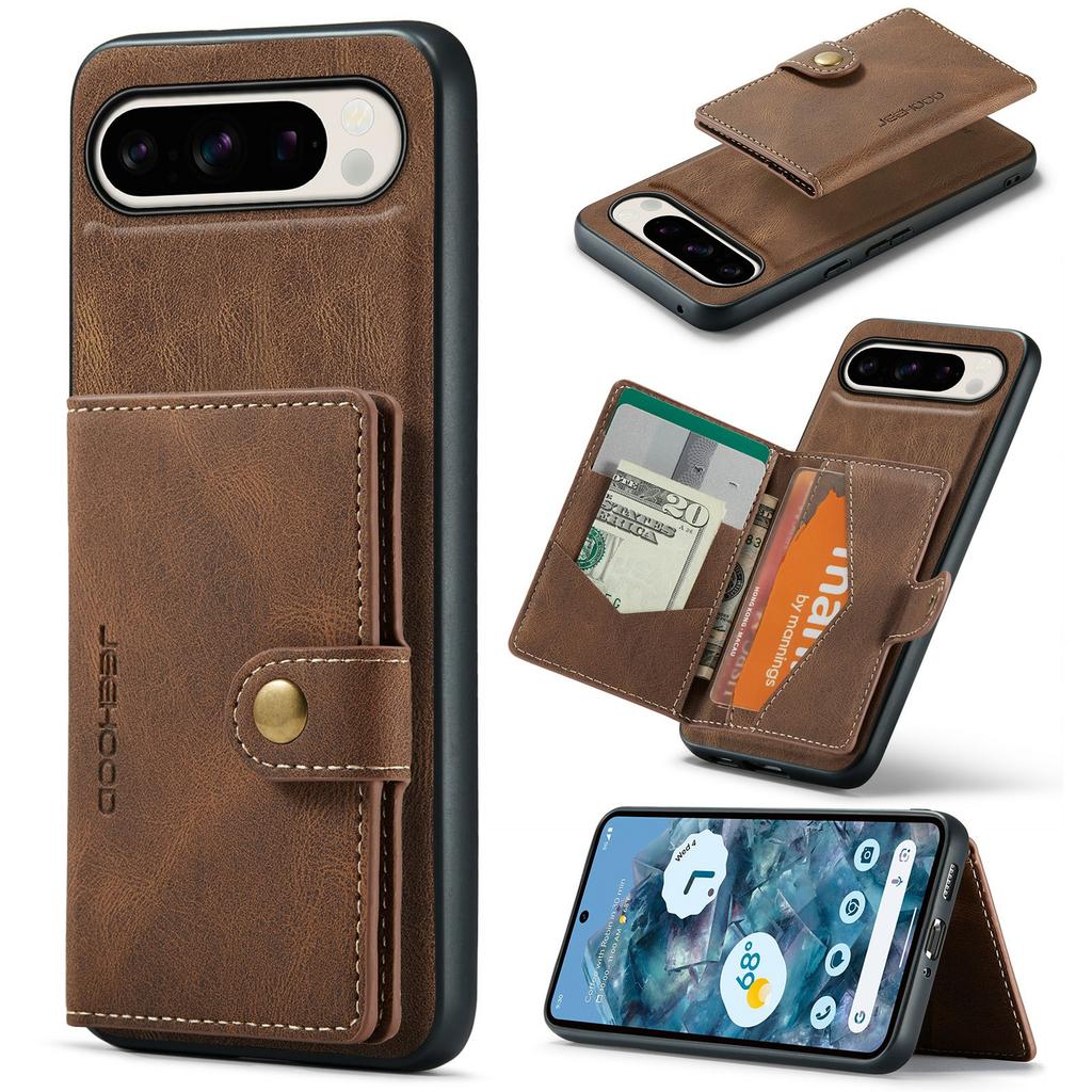 JEEHOOD J01 For Google Pixel 9 Pro XL Case Retro Leather+TPU Phone Cover Detachable Magnetic Card Holder