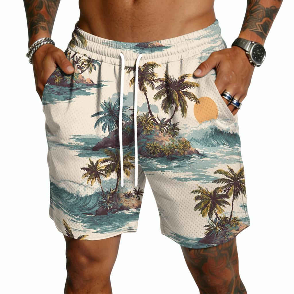 Men's Casual Lightweight Quick Dry Drawstring Shorts with Tropical Leaf Print Five Inch Inseam Beachwear Swim Trunks