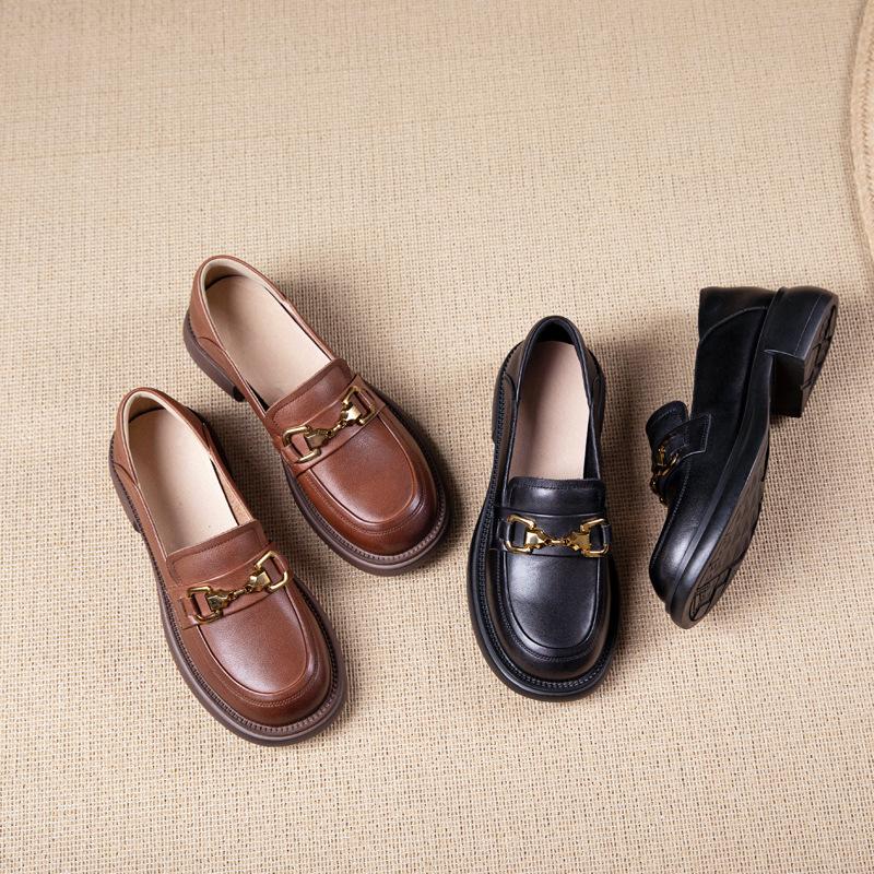 First layer cowhide loafers women's spring and autumn commuting new rubber sole British style work versatile small leather shoes women's shoes