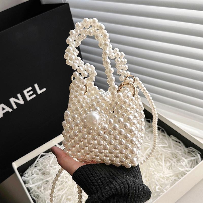 Water Pvc Compact Bucket Bag With Pearl Chain And Lock Closure For Wear Casual