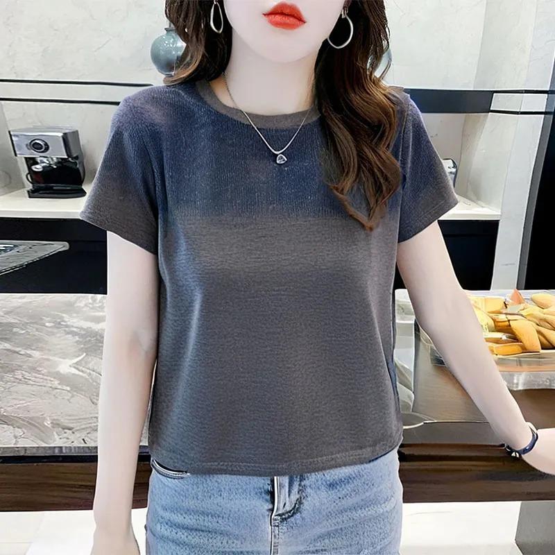 

Women s Solid Color Textured Round Neck Short Sleeve Fitted T-Shirt S серый