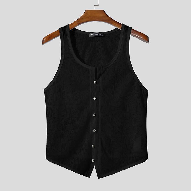 INCERUN Sommer Herre U-hals Ermeløs Knapper Blonder Mesh Gjennomsiktig Casual Tanktopper