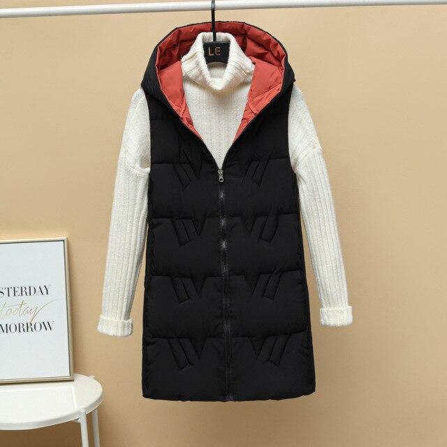 Autumn and Winter Women's Solid Color Loose Vest Hooded Long Reversible Vest Jacket Cotton Padded Women's Windproof Warm Vest