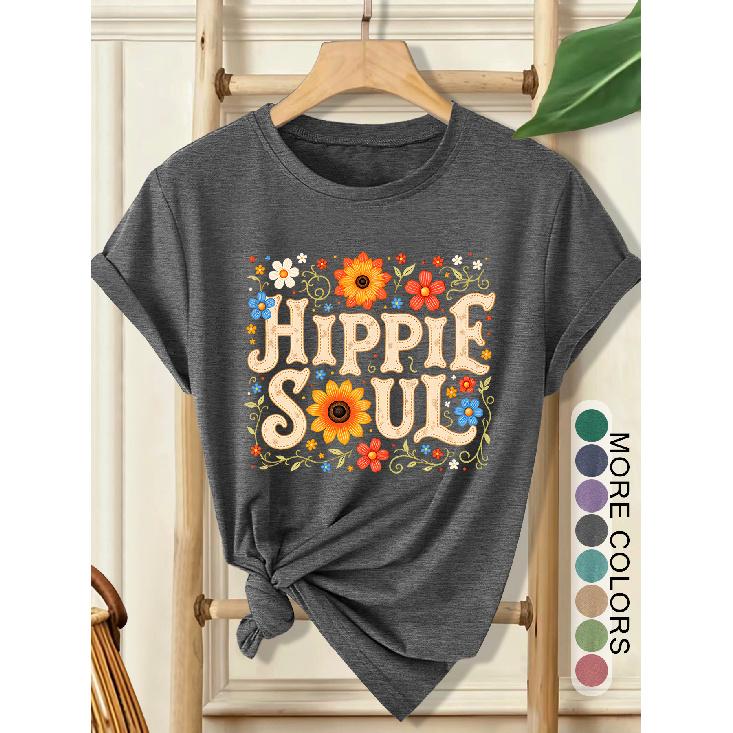 Women's Elegant Style Plus Size Loose Short Sleeve Hippie Soul Hippie Floral Print Pattern Round Neck Women's Comfortable Soft Breathable New Spring