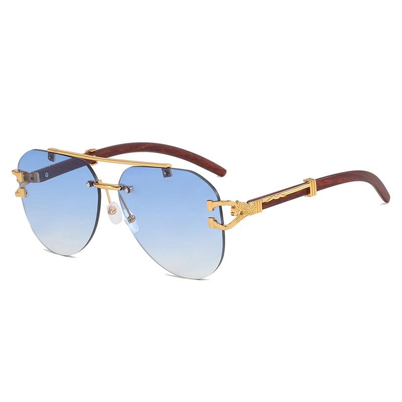 New Retro Frameless Double Beam Oval Women Sunglasses  Personality Wood Grain Leopard Design Trendy Men Casual Glasses Uv400