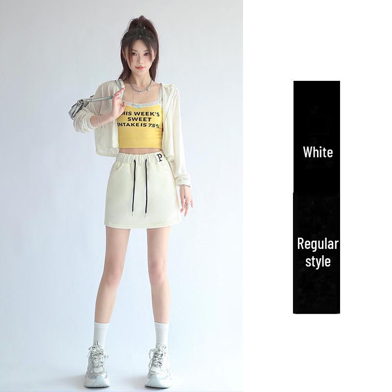 Women's Gray High-Waist A-Line Sports Skirt with Attached Shorts - Spring to Autumn Wear