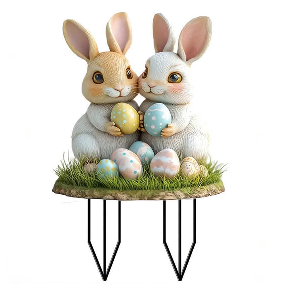 Easter Bunny Garden Stake Acrylic Easter Yard Sign 2D Flat Spring Lawn Signs Easter Lawn Stakes Easter Decoration for Outdoors