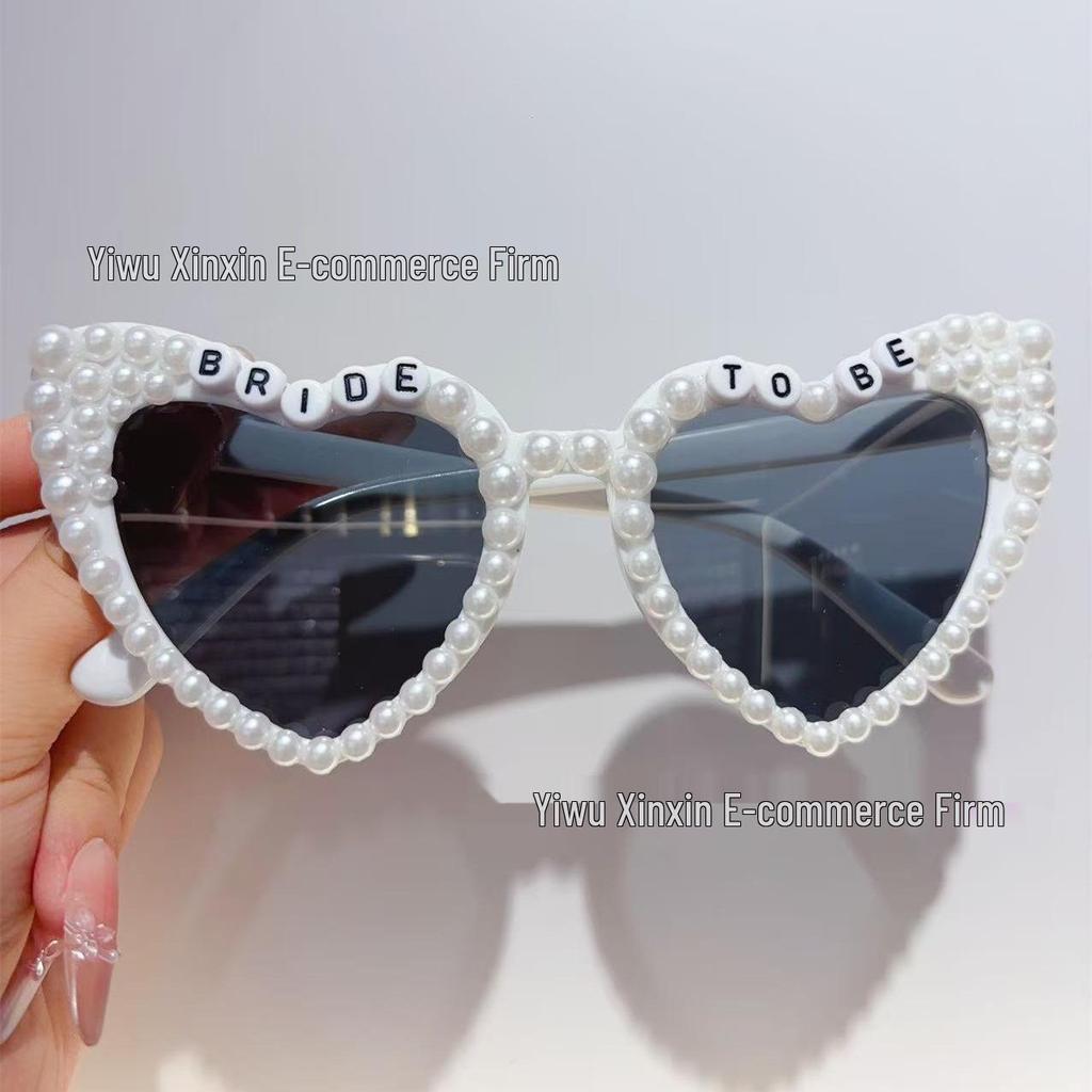 Crystal Heart Bride Sunglasses with Rhinestones & Pearls - Women's Bachelorette Party Accessory