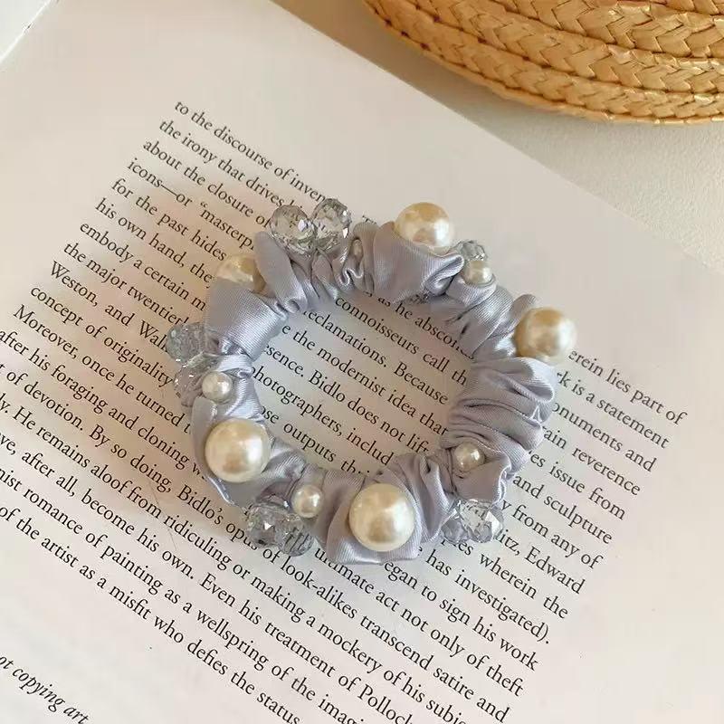 Korean Satin Pearl Crystal Hair Tie: Elegant Fabric Scrunchie for Ponytails