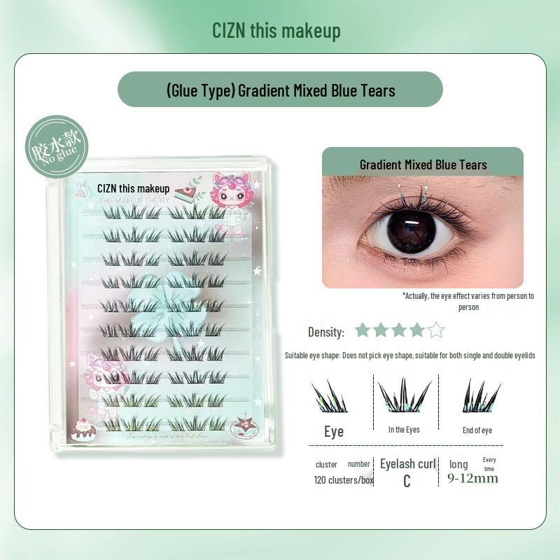CIZN Gradient Blue Tear Natural-Look Curled Single Cluster Glue-Free False Eyelashes