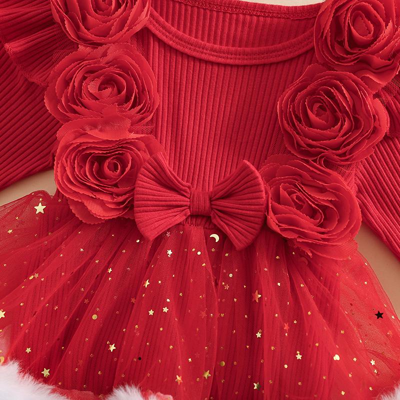 Newborn Baby Girl Christmas Red Romper Tulle Flower Bow Ruffle Jumpsuit Party Xmas Costumes Headband Outfits