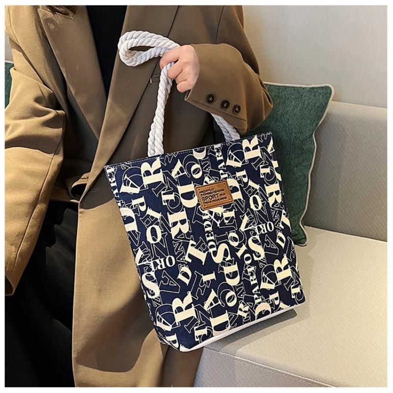Stylish Large Canvas Tote Bag with Letter Print and Rope Handles for Work and Commute