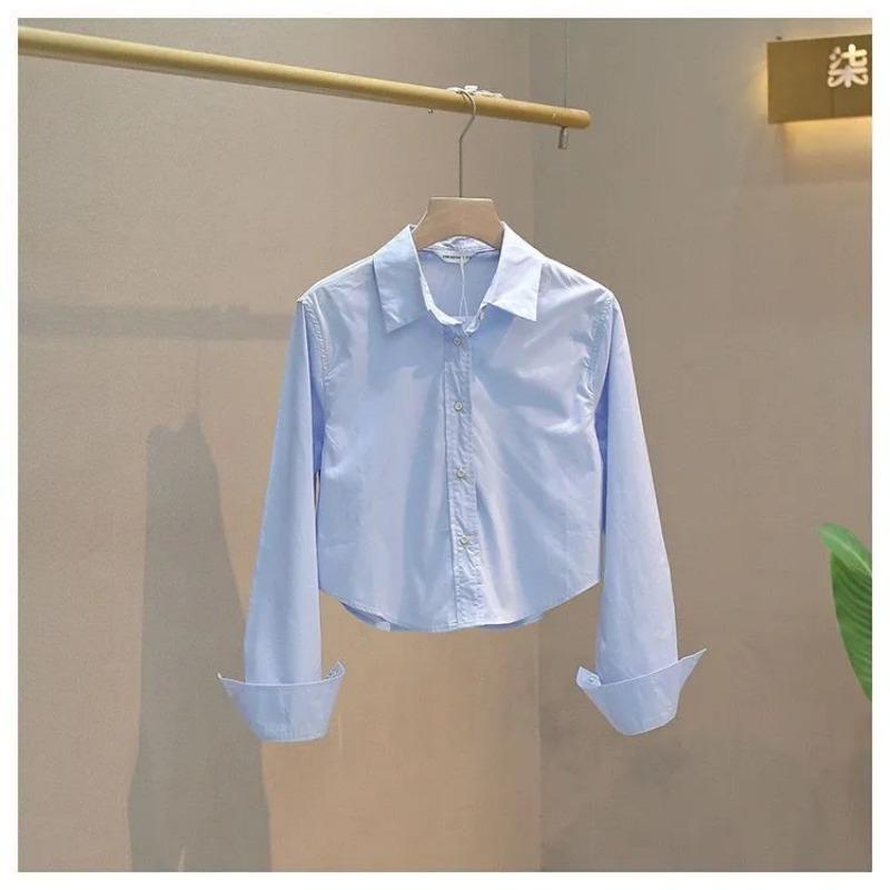 Women's Cropped White Shirt Casual Loose Cuff Button-Down Blouse