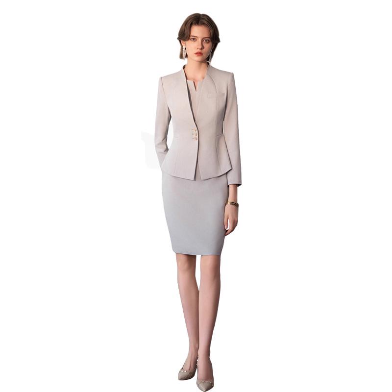 Light Gray Collarless Suit Dress Set - Slimming & Figure-Flattering Formal Workwear for Women