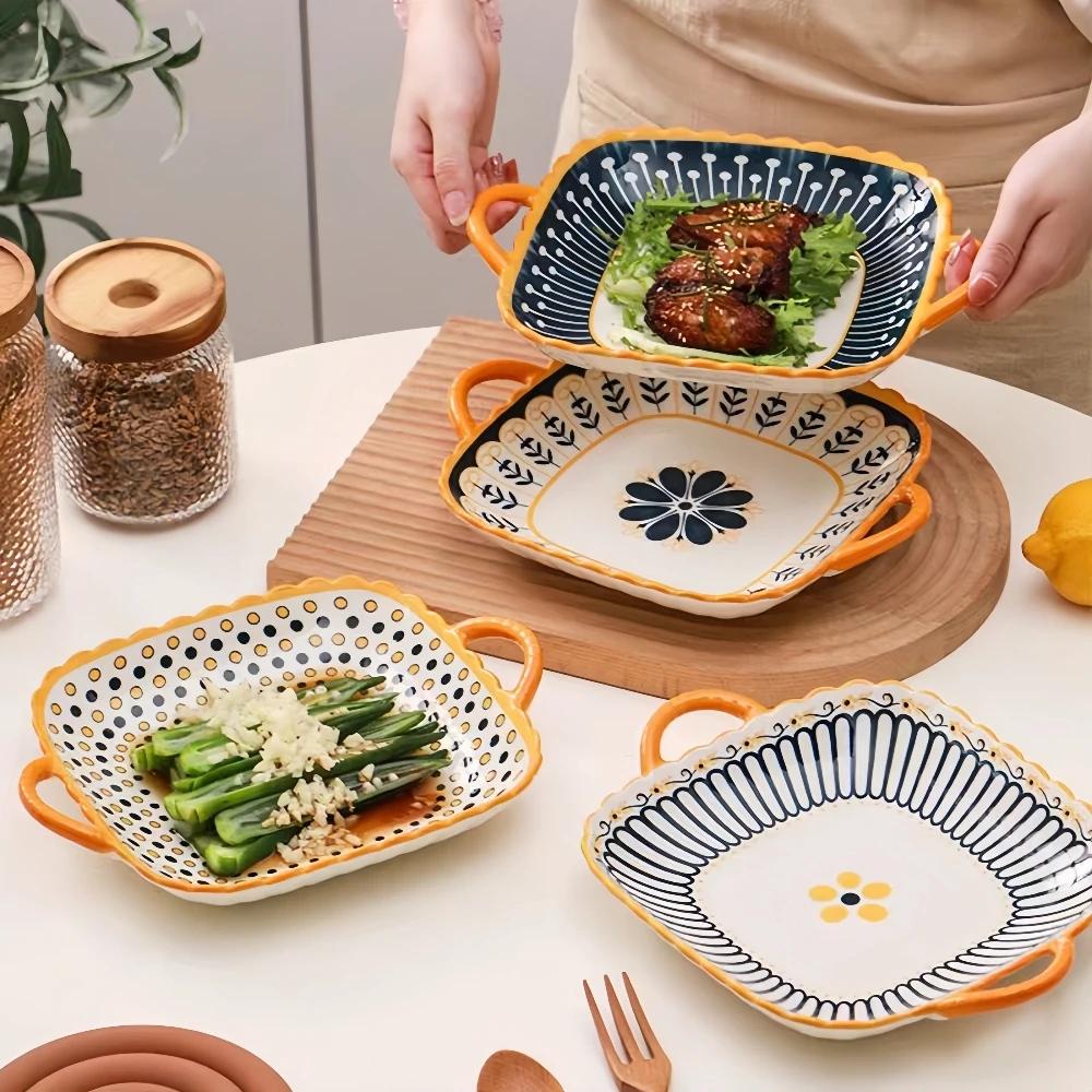 2 Pcs Ceramic Japanese Style Square Plates with Double Ears and Pasta Salad Platessuitable for Microwave Ovens and Ovens