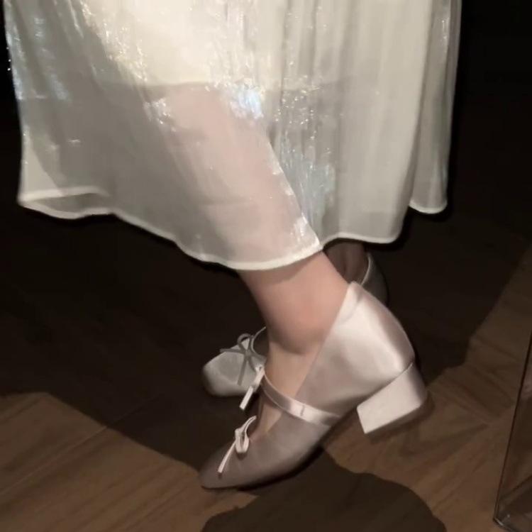 Sheepskin Version~ Gentle Wind Versatile Square Head Shallow Mouth Single Shoes 2025 Summer New Bow Thick Heel Mary Jane Shoes